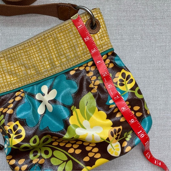 FOSSIL Oilcloth Crossbody Bag Purse Flower Blue Brown Tan Yellow Zipper Top - Picture 10 of 10